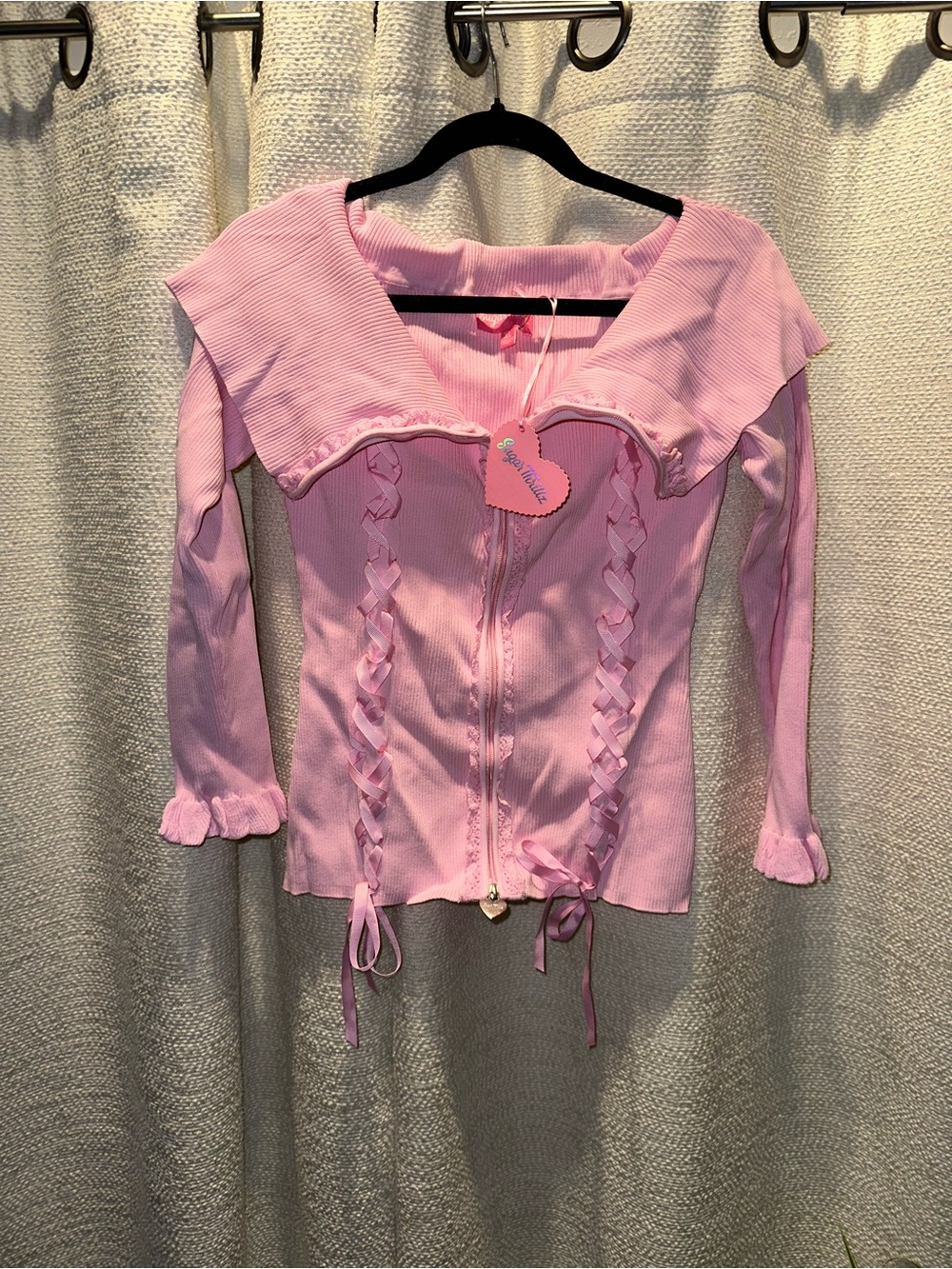NWT XL Sugar Thrillz Sweet Pink Lace-Up Ribbed Zip Cardigan
